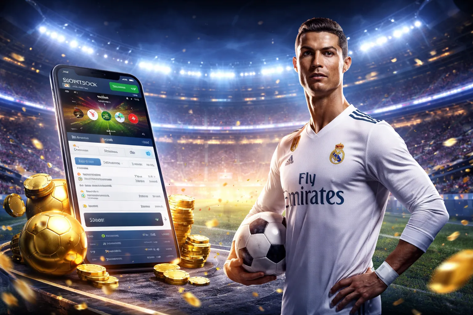 Sân vận động rực rỡ với logo 52win, tượng trưng cho chiến thắng và niềm vui cá cược thể thao